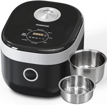 Low Carb Low Sugar Rice Cooker Stainless Steel Inner Pot,Black | 8 Cup Uncooked,Pfas-Free Dishwasher Safe,8 Cooking Functions,Digital Steamer,24H Timer,Auto Keep Warm1