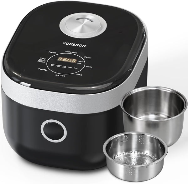 Low Carb Low Sugar Rice Cooker Stainless Steel Inner Pot,Black | 8 Cup Uncooked,Pfas-Free Dishwasher Safe,8 Cooking Functions,Digital Steamer,24H Timer,Auto Keep Warm1