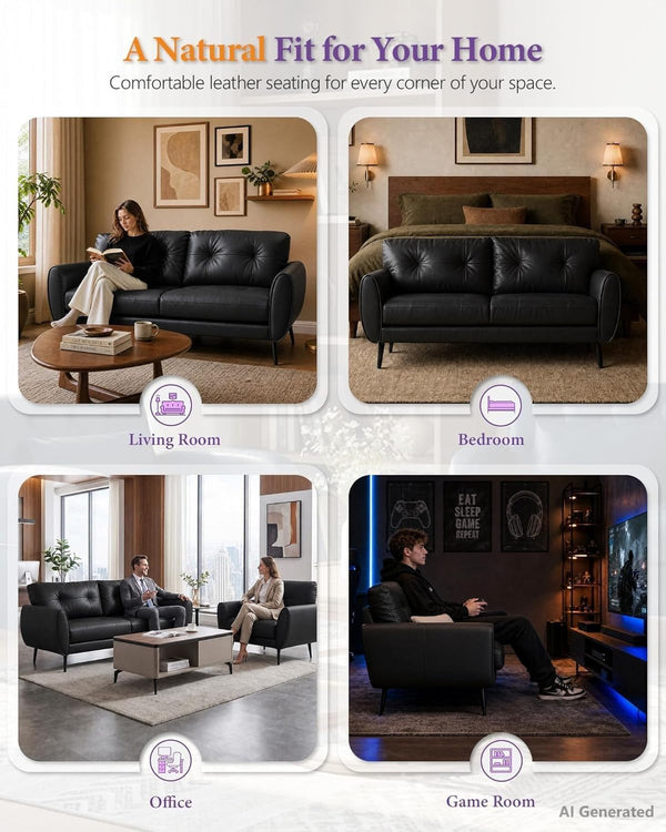 61'' Black Faux Leather Loveseat, Small Tufted Couch for Living Room3
