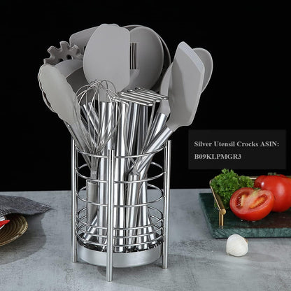 38 Piece Silicone Kitchen Cooking Utensils Set with Utensil Rack, Silicone Head and Stainless Steel Handle Cookware, Kitchen Tools for Utensil Sets, Non-Stick Kitchen Gadgets, Dishwasher Safe(Silver)4