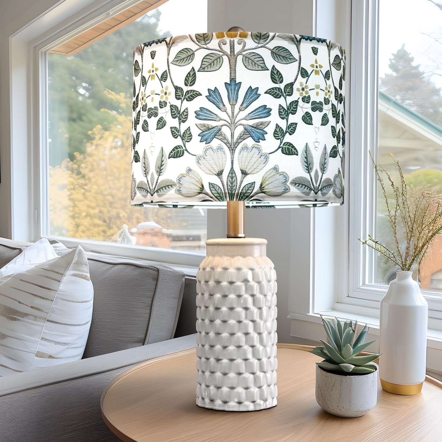 lamp-shades-set-of-2-blue-floral-drum-shades-13-x-13-x-10-inch-spider-fitter-assembly-required-durable-fabric-with-metal-frame-fits-table-and-floor-lamps