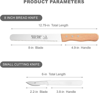 2-Pack Bread Knife & Bread Lame Set: 8" Premium Stainless Steel Serrated Knives Blade with Wood Handle for Homemade Bread, Sourdough Tomato, Bagel + Dough Scoring Tool for Razor Sharp Carving7