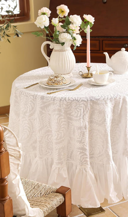 Vintage French Lace Cotton Table Cloth,Round Diameter 51"-Leiden8