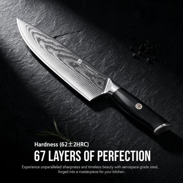 8-Inch Damascus Chef Knife, 67-Layer High Carbon Stainless Steel Kitchen Knife with Ergonomic G10 Handle, Protective Sheath & Gift Box for Home and Professional Use2