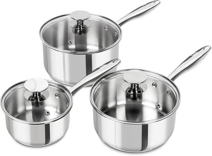 Stainless Steel Saucepan Set with Lids 1QT & 2QT & 3QT, Stainless Steel Sauce Pot Set 6Pcs, Induction Saucepans, Nonstick Sauce Pan Set, Dishwasher Safe1