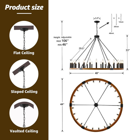 48" Wood Wagon Wheel Chandelier 30-Light Large Chandelier for High Ceiling3