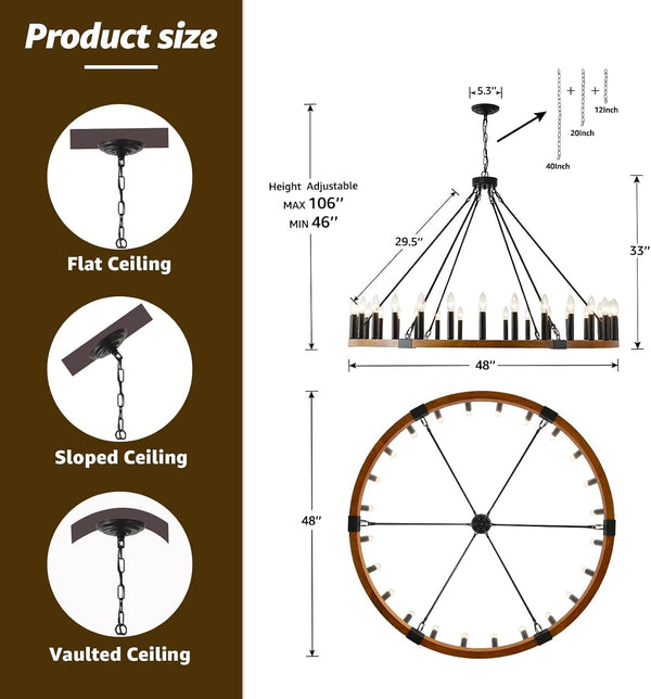 48" Wood Wagon Wheel Chandelier 30-Light Large Chandelier for High Ceiling3