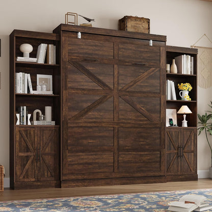 Queen Size Murphy Bed W/2 Storage Cabinet&2 LED Light, Farmhouse Wood Hidden Foldable Wall Bed Frame, Storage Bed Cabinet for Bedroom, Office, Space-Saving, No Box Spring Needed, Brown9