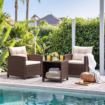 3 Pieces Patio Furniture Set Outdoor Wicker Chairs and Table, Beige6