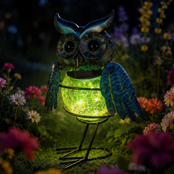 Solar Lights Outdoor Garden Owl Decor, Vibrant Blue Metal Owl Solar Light Waterproof with Glowing Crackle Glass Globe, Yard Art Statue for Lawn Porch Patio Garden Gifts4