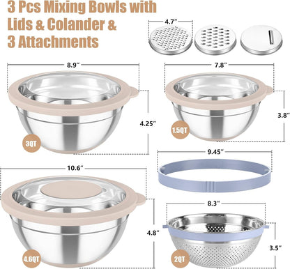 Mixing Bowls with Colander, Stainless Steel Salad Bowls, Khaki2