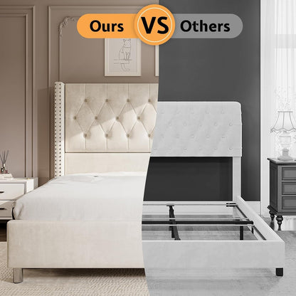 Queen Velvet Bed Frame with 49.2" Tall Wingback Headboard, Cream5