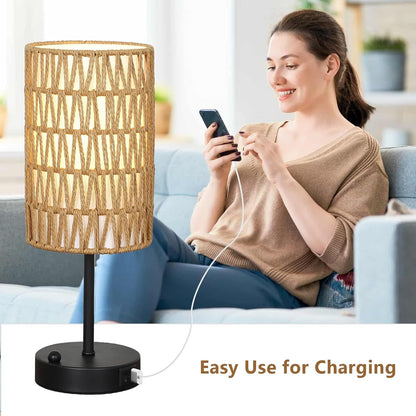 Touch Table Lamp for Bedroom with Bulb, Boho Small Desk Lamp for Living Room with Rattan & Linen Shade, 3 Way Dimmable Bedside Table Lamp for Nightstand with USB Charging Port & Phone Stand for Office5
