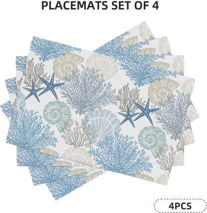 Blue Nautical Placemats Set of 4 Summer Starfish Seashell Coral Table Place Mat Non-Slip Heat Resistant Linen Beach Coastal Place Mats for Home Kitchen Dining Table, 12"X18"3