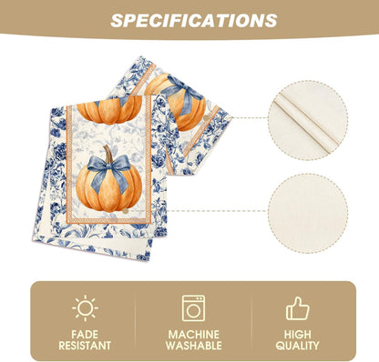 210 GSM Fall Table Runner Home Party Decor 13X72 Inch | Orange Pumpkin Bow Blue White Porcelain, Seasonal Kitchen Dining Table Decoration5