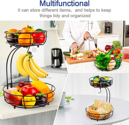 Iron 2-Tier Countertop Fruit Vegetables Basket Bowl Storage with Banana Hanger, Black, 64 Ounces7