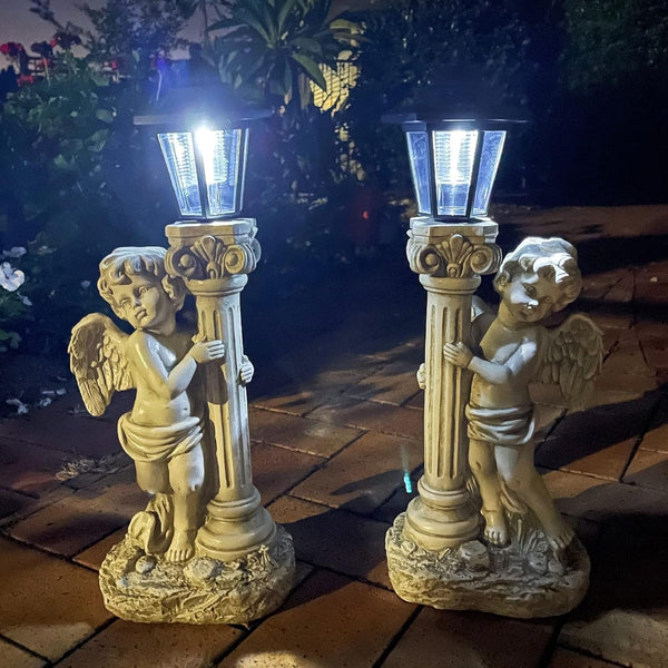 Angel Statue with Solar Lights (Left) 19.7 Inch, Outdoor Solar Angel Garden Statue with Roma Pillar for Garden Lawn Deocr, Christian Religious Gift7