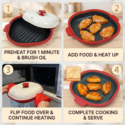 Microwave Grill Pan with Lid for Meat, Browning and Crisping, Red | Nonstick Grill Plate with Even Heating for Fast Cooking and Crispy Results, Ideal for Bacon, Pizza, Sandwiches and More5
