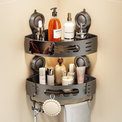 Corner Shower Caddy Suction Cup, Aluminum Corner Shower Shelves for Wall No Drilling, Large Suction Cup Shower Organizer with Towel Bar & Hooks Removable Bathroom Storage Rack(2 Pack-Gray)1