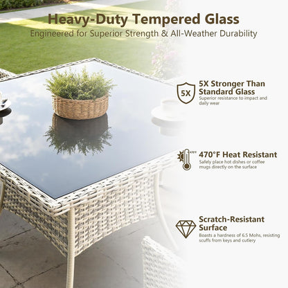 Outdoor Dining Set, 5-Piece Patio Furniture Set with Tempered Glass Table and 4 Cushioned Chairs, Dual-Strand Wicker Rattan, Balcony Furniture for Backyard, Garden, Deck,– Beige5