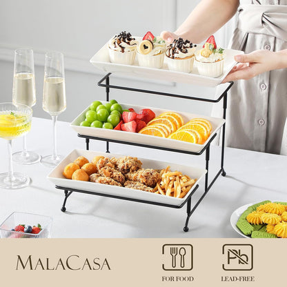 3 Tier Serving Trays, White Porcelain Serving Platters, 12 Inch | Tiered Serving Stand for Party, Fruit Tray, Trays for Serving Food, Dessert Stand with Collapsible Sturdier Metal Rack3
