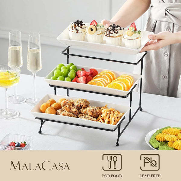3 Tier Serving Trays, White Porcelain Serving Platters, 12 Inch | Tiered Serving Stand for Party, Fruit Tray, Trays for Serving Food, Dessert Stand with Collapsible Sturdier Metal Rack3