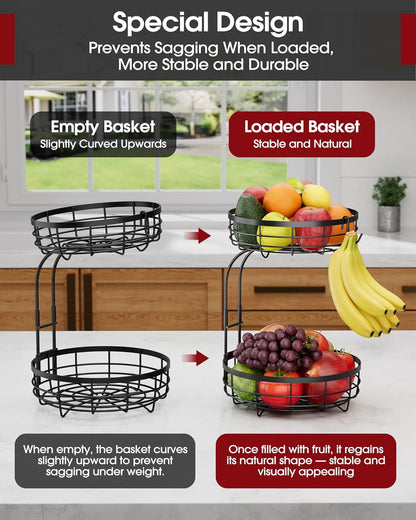 Fruit Basket for Kitchen Counter - 2-Tier Large Capacity Fruit Bowl with Detachable Banana Hanger, Rust-Proof Metal Fruit Holder for Vegetables, Bread, Toiletry,10" D X 10" W X 14" H, Black2