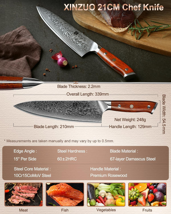 Chef Knife 8.3 Inch, VG-10 Super Stainless Steel Gyuto Knife for Professional Chefs and Home Cooking, Ultra Sharp Kitchen Knife with Rosewood Handle - Yu Series6