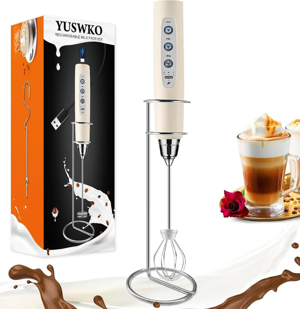 Beige Handheld Milk Frother Wand with Stand for Coffee, Rechargeable Electric Whisk with 3 Heads 3 Speeds Drink Mixer Coffee Frother for Latte, Cappuccino, Hot Chocolate, Egg1