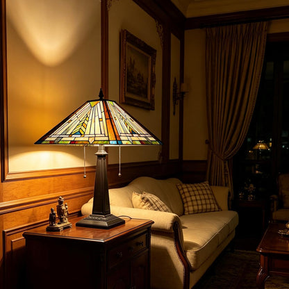 Tiffany Table Lamp 16" Wide Handmade Stained Glass Lamp Shade 2 Light Mission Style Vintage Table Lamp for Living Room Bedroom | Handcrafts Antique Nightstand Bedside Reading Lamp for Living Room Bedroom Office 2-Lights W16" X H23"3