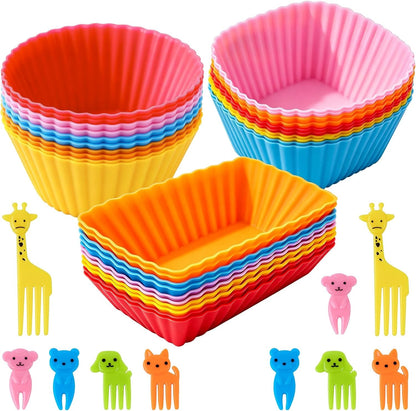 60 Pcs Silicone Lunch Box Dividers - Bento Box Accessories, Silicone Cupcake Liners Reusable Muffin Cups for Baking with Animal Food Picks (30 Cupcake Cups + 30 Picks)1