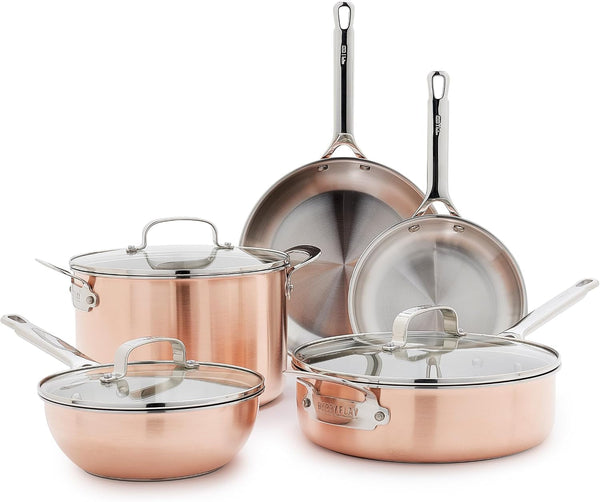 X Bobby Flay 8 Piece Copper Clad Pots & Pans, Induction Ready Cookware, Measurement Markings, Stainless Steel Base & Interior, Oven Safe to 500˚F1