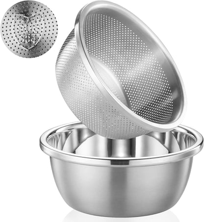 304 Stainless Steel Colander 2QT Microporous Colander & Mixing Bowl for Kitchen Cooking,Rice Strainer with Washing Bowl for Pasta Straining,Fruit Washing,Vegetable Draining(2Pcs)1