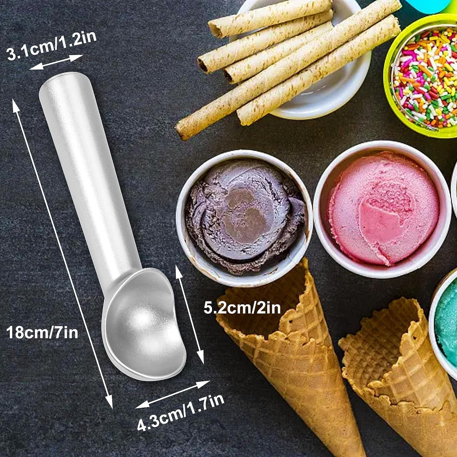ice-cream-scoop-7-inches-nonstick-anti-freeze-one-piece-aluminum-scooper-spoon-heavy-duty-durable-design-easy-clean-for-gelato-cookie-dough-sorbet-almond-silver
