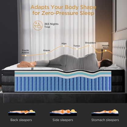 Queen Mattress 14 Inch Hybrid Mattress Euro Top Medium Firm for Back & Lumbar Support [New Version], 365 Night Trial, Individual Pocket Spring for Motion Isolation & Pressure Relief7