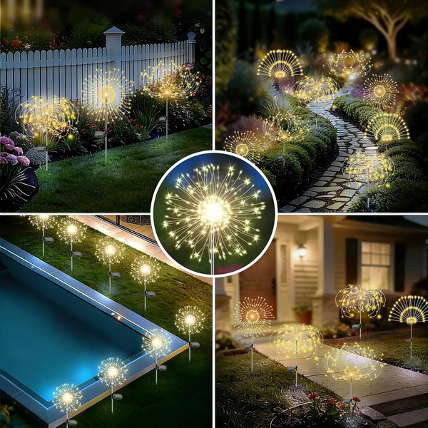 Solar Garden Lights Outdoor, 2 Pack 120 LED Twinkling Firework Lights Decorative with 2 Modes, Outdoor Waterproof Solar Starburst Light for Yard Pathway Planter Patio Decor, Warm White5