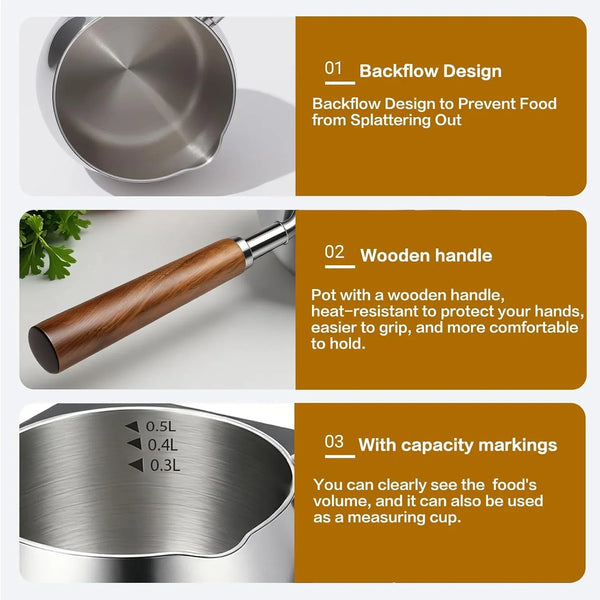 17Fl Oz (500Ml) Stainless Steel Mini Pot Butter Warmer, Milk and Coffee Heater, Seafood Butter Warmer, Chocolate Melting,With Pour Spout and Wooden Handle,Induction Cooker Available6