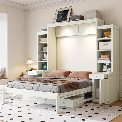 Queen Size Murphy Bed with Desk and Lights, Power Outlet, Foldable Murphy Cabinet Bed with Open Storage Shelves & Drawers, Wood Space-Saving Hidden Wall Bed for Guest Room Office, Antique White3