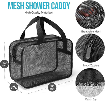 Mesh Shower Caddy Mash Shower Bag Black Portable Mesh Accessories Organizer Tote for Gym College Dorm Room (Black-Large)3
