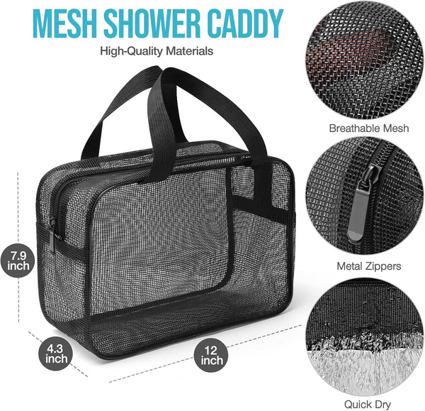 Mesh Shower Caddy Mash Shower Bag Black Portable Mesh Accessories Organizer Tote for Gym College Dorm Room (Black-Large)3
