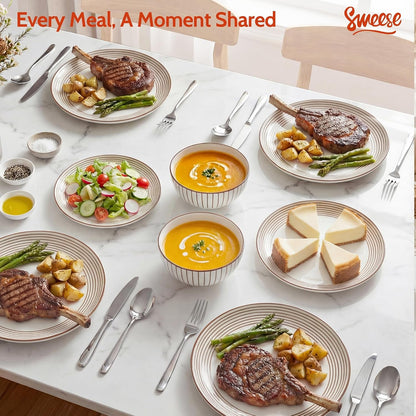 18Pcs Lightweight Porcelain Dinnerware Set for 6, Stripe Neutral8