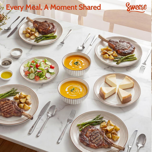 18Pcs Lightweight Porcelain Dinnerware Set for 6, Stripe Neutral8
