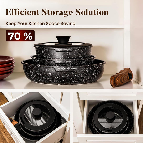 Removable Handle Induction Pots and Pans Set - 10 Piece Non-Stick Cookware Sets, Black Granite Stackable RV Cookware for Camp | Stackable Nonstick Cookware Set with Detachable Handle. Oven & Induction Safe, Space-Saving Design for Camping.3