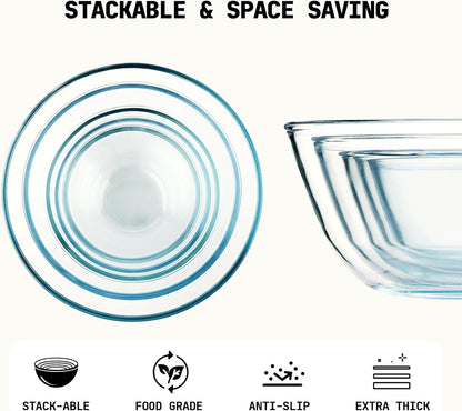 5Pc Glass Mixing Bowls Sets (4.65QT, 2.80QT, 1.64QT, 1.16QT, 0.85QT), Glass Nesting Kitchen Thick Bowl for Baking, Cooking Prep, Storage, Large Salad Bowls Sets-Dishwasher Microwave Freezer Safe5