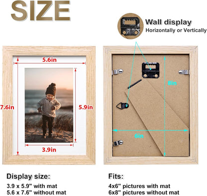 6X8 Picture Frame, Natural Solid Wood Frame with Acrylic Plexiglass for Pictures 4X6 with Mat or 6X8 without Mat, Tabletop and Wall Mounting Display Photo Frame 1 Pack6
