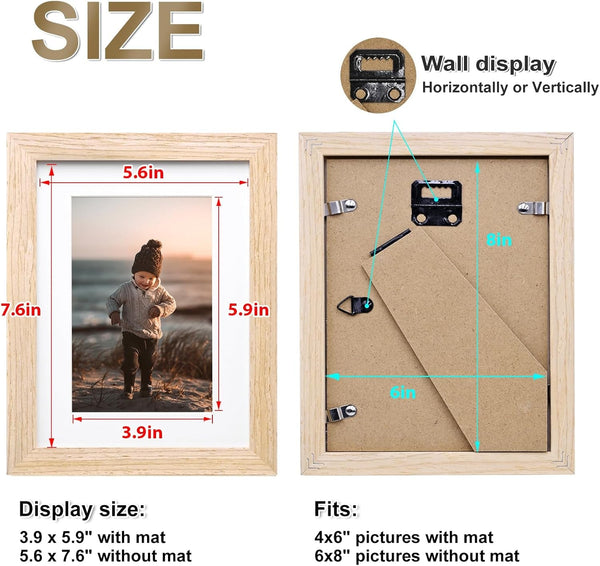 6X8 Picture Frame, Natural Solid Wood Frame with Acrylic Plexiglass for Pictures 4X6 with Mat or 6X8 without Mat, Tabletop and Wall Mounting Display Photo Frame 1 Pack6