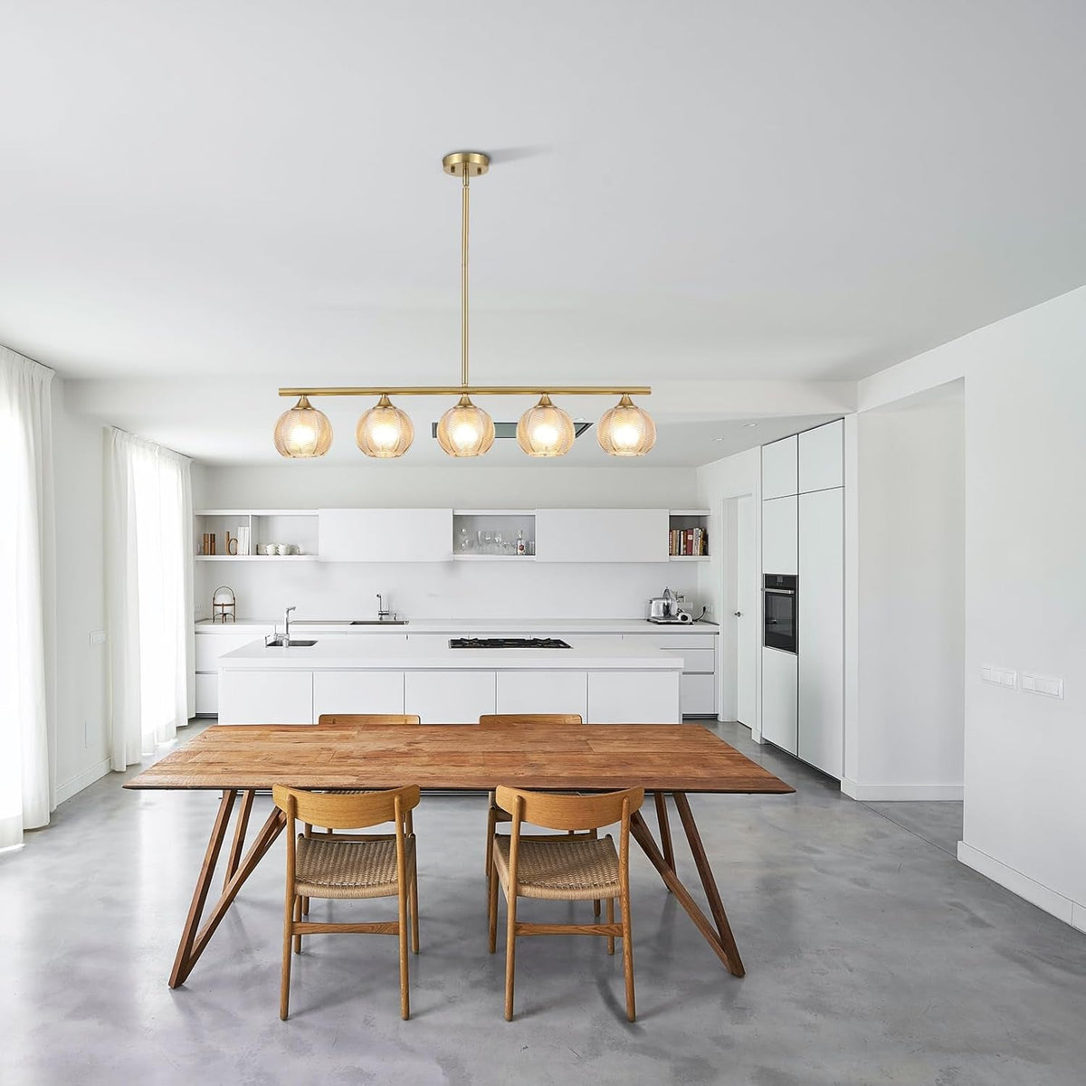 modern-brushed-brass-linear-chandelier-amber-ribbed-glass-shade-5-lights-gold-mid-century-sputnik-globe-pendant-light-farmhouse-ceiling-hanging-light-fixture-dining-room-kitchen-island