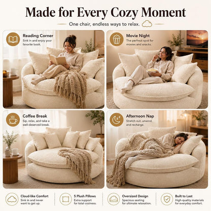 Oversized round Lounge Chair Indoor, 56" Deep Seat Circle Sofa with Double Armrests & Pillows, Fluffy Cloud Chenille Couch, No Assembly Reading Chair for Living Room, Bedroom, Apartment,Beige6