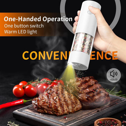 2Pack Electric Salt and Pepper Grinder Set USB Rechargeable with Warm LED Light, Adjustable Coarseness  Large Capacity Automatic Salt Pepper Mill Grinder for Kitchen, Restaurant, Outdoor, White2