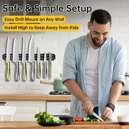 Kitchen Knife Set 14 Pcs with Magnet Holder, Strong Magnetic Knife Strip for Wall, Knives Block Set with Sheath, Chef Knives and Santoku Knives, Stainless Steel Blade, Dishwasher Safe -Gold6